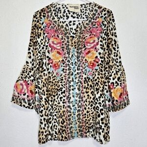 Savanna Jane Leopard Cheetah Embroidered Tunic Bell Sleeve Womens Size Small